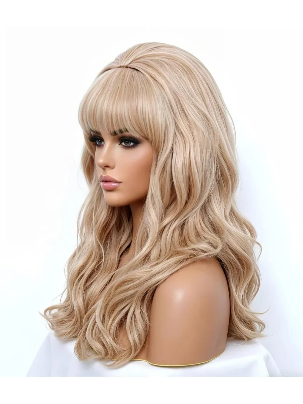Women's Blonde Mixed Heat Resistant Synthetic Fiber Retro Long Wavy Wigs Bangs